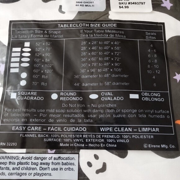 Elrene Halloween Ghost Print Vinyl Tablecloth Black 60" Round NEW - Picture 4 of 5